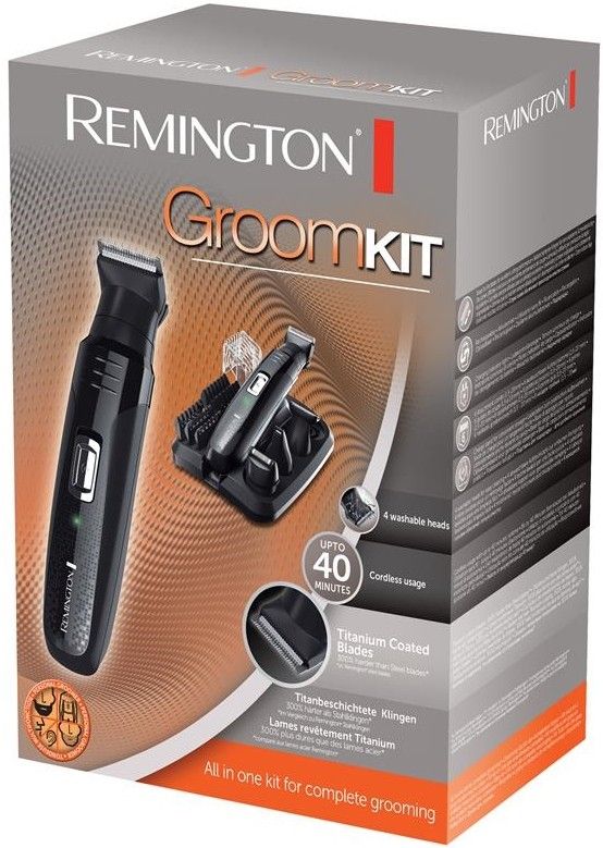 Набір для стрижки Remington Groom Kit, для бороди, вусів, голови і носа, акум., насадок-10, титан.напил., чорний