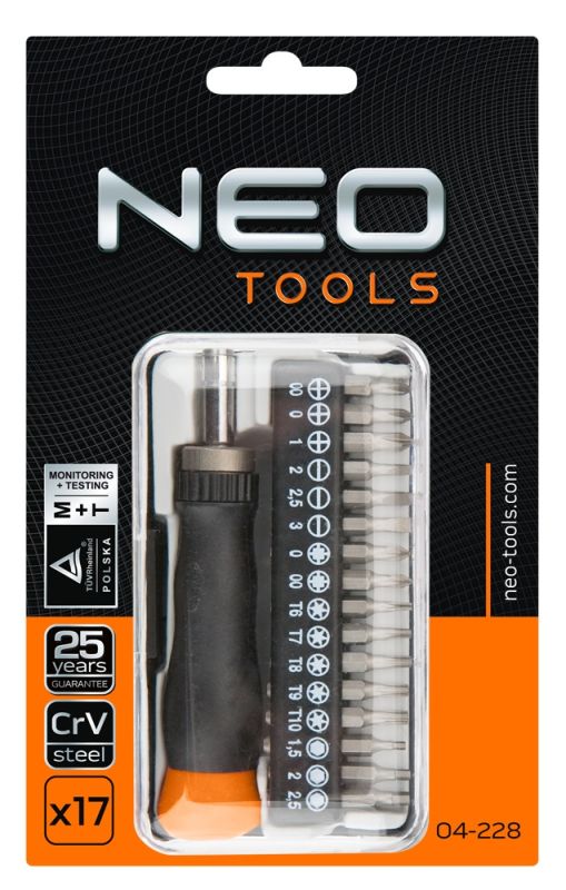 Биты Neo Tools, набор 17шт, 5/32", битодержатель, прецизионные, SL,PH,PZ,T,H, 30мм, CrV, кейс