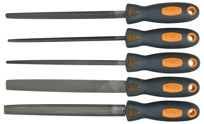 Напилки по металу Neo Tools, набір 5шт, рукоятка двокомпонентна, 200мм