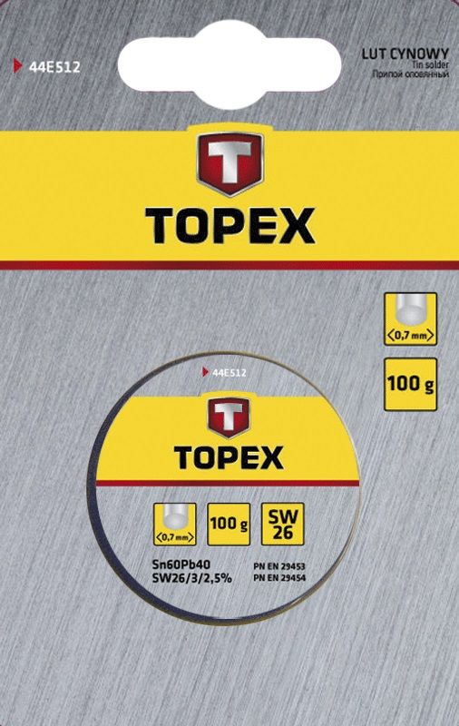 Припій олов'яний TOPEX Sn60Pb40 флюс SW26 дріт 0.7мм 100гр