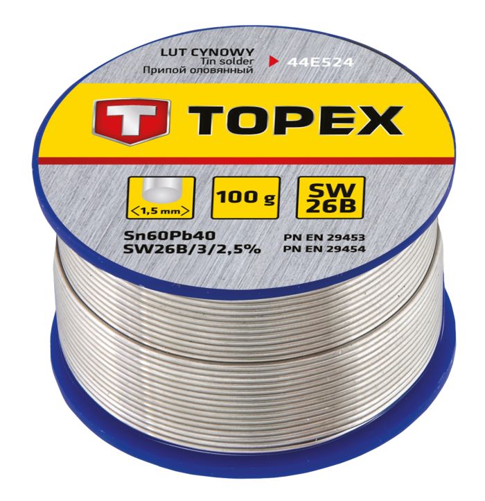 Припій олов'яний TOPEX Sn60Pb40 флюс SW26B дріт 1.5мм 100гр