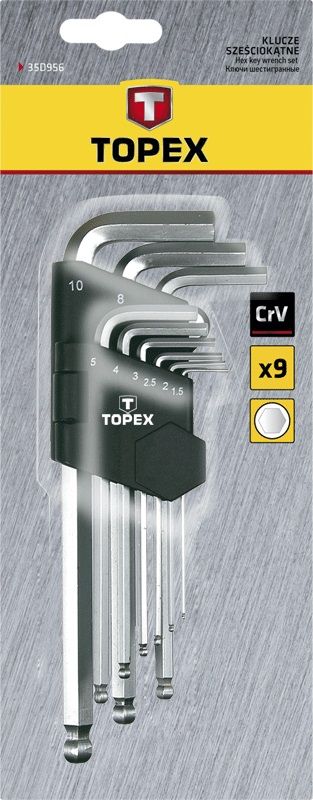 Ключи шестигранные TOPEX, набор 9шт, длинные, шаровидный наконечник, CrV, 1.5-10мм