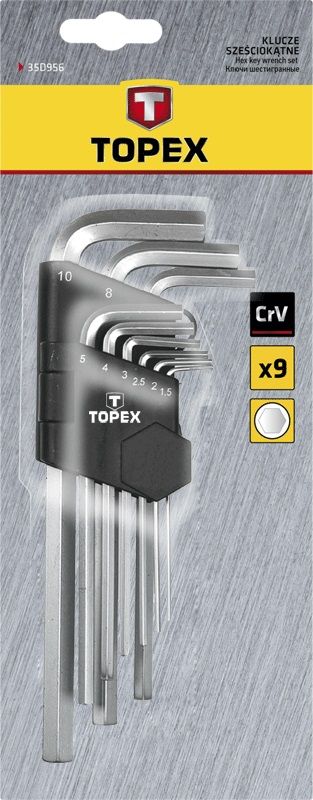 Ключи шестигранные TOPEX, набор 9шт, длинные, CrV, 1.5-10мм