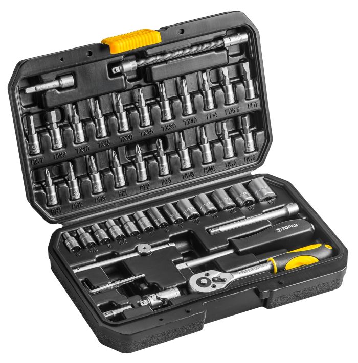 Набір інструментів TOPEX, набір торцевих головок 1/4", 46шт, CrV
