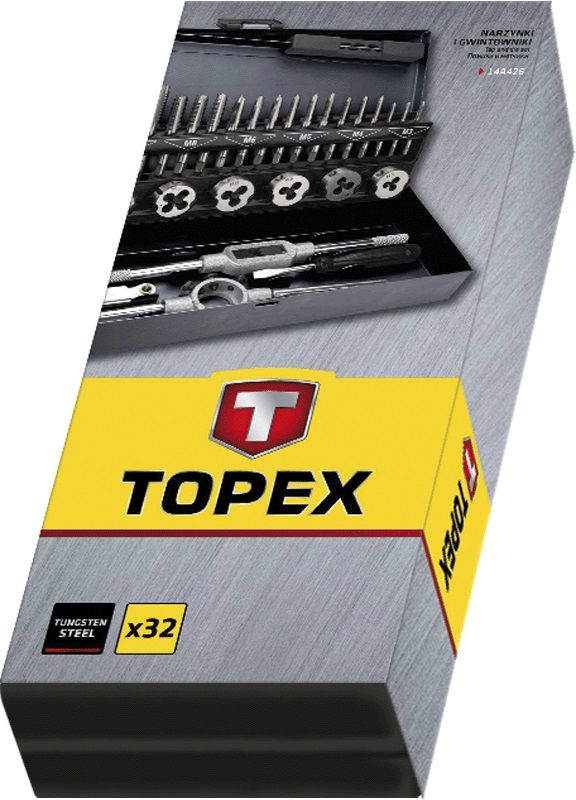 Плашки та мітчики TOPEX, набір 32шт, M3-M12, крок різьблення 0.5-1.75мм, вольфрамова сталь, металевий кейс