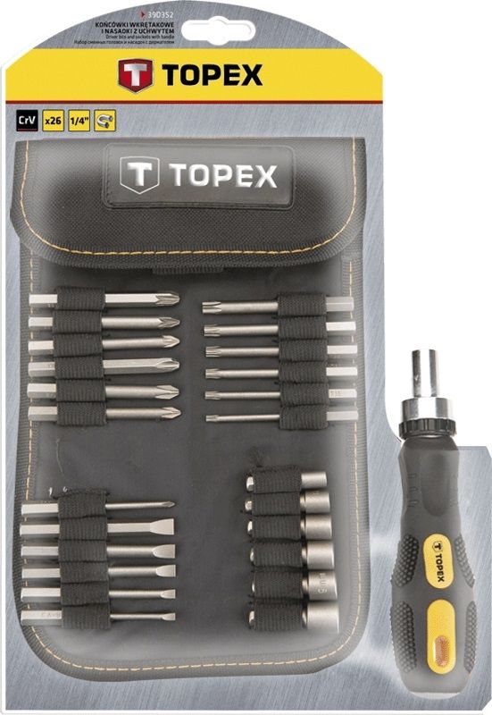 Биты TOPEX, набор 26шт, 1/4", битодержатель, торцевые головки 6шт, SL,PH,PZ,T, CrV