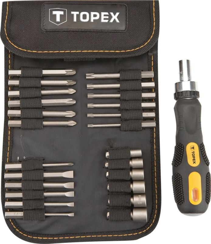 Биты TOPEX, набор 26шт, 1/4", битодержатель, торцевые головки 6шт, SL,PH,PZ,T, CrV