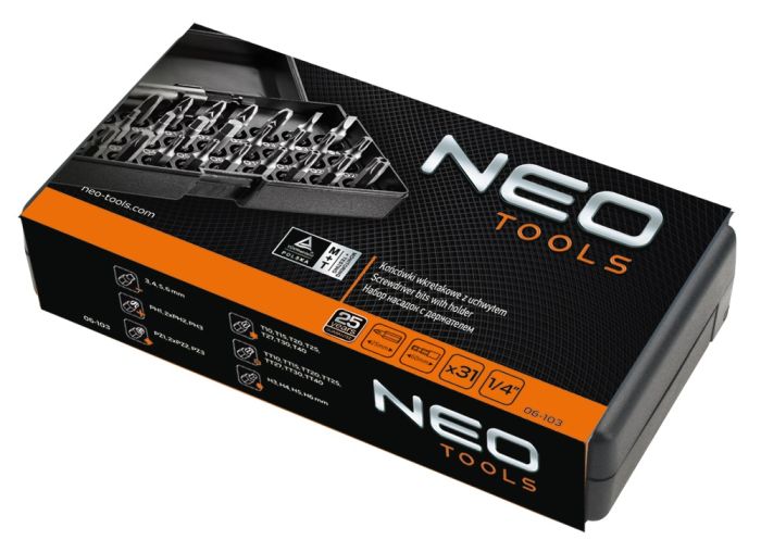 Биты Neo Tools, 31шт, 1/4", битодержатель, SL,PH,PZ,H,T,TT, 25мм, сталь S2, кейс