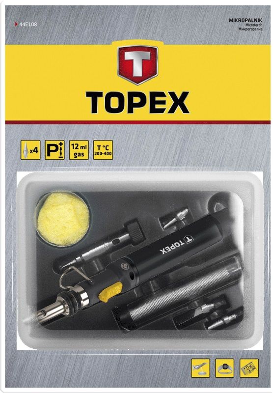 Паяльник газовый TOPEX, 400 ° C, топливо 12 мл, 4 насадки