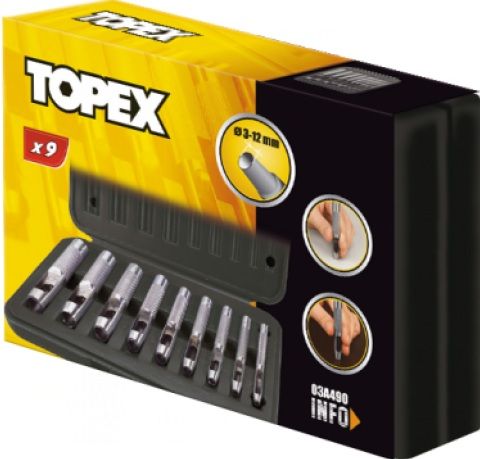 Пробойник круглых отверстий TOPEX, набор 9шт, 3-12мм, 195мм, кейс