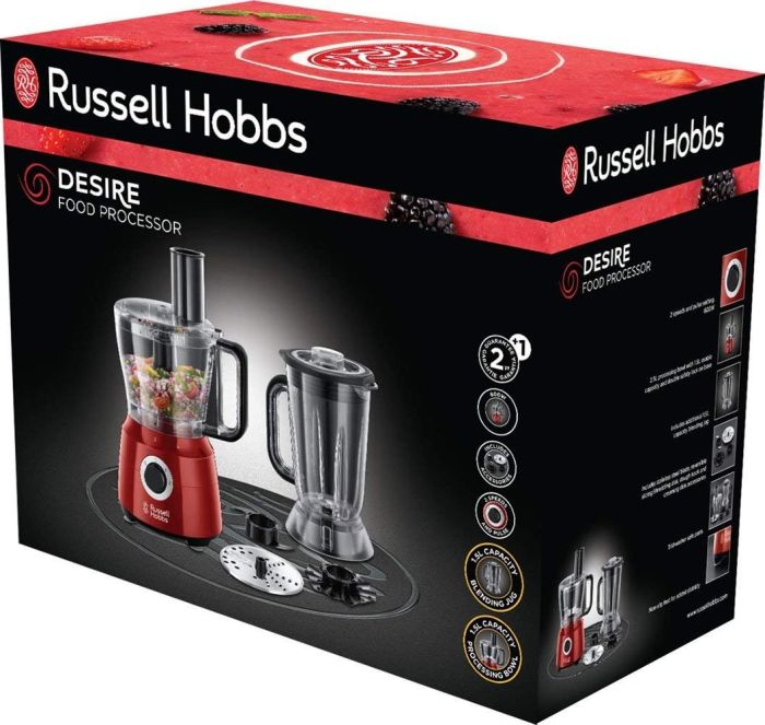 Кухонная машина Russell Hobbs Desire 600Вт, чаша-пластик, корпус-пластик, насадок-9, красный