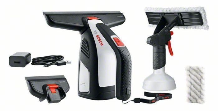 Пылесос для мытья окон Bosch GlassVAC, аккумуляторный, 3.6 В*2 Ач, контейнер 0.1Л, 0.7кг, +насадки и пульв.
