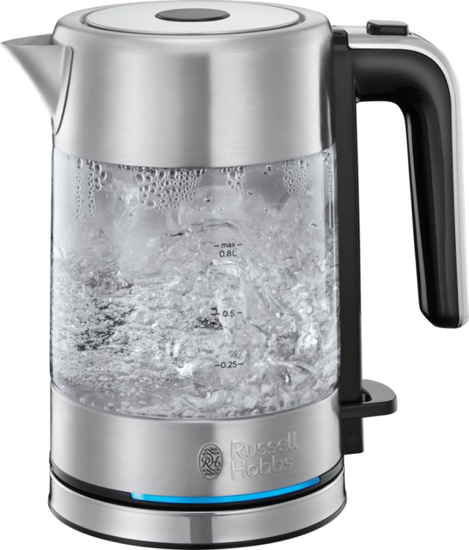 Електрочайник Russell Hobbs Compact Home 0.8л, скло, підсвічування, сріблясто-чорний