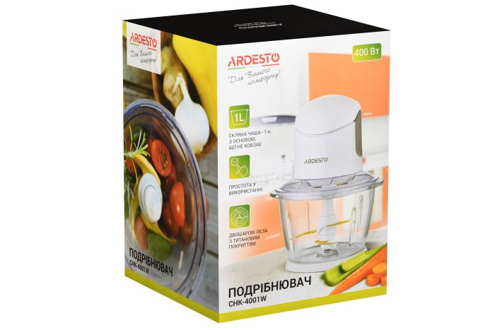 Подрібнювач ARDESTO, 400Вт, чаша-1000мл, скло, корпус-пластик, білий