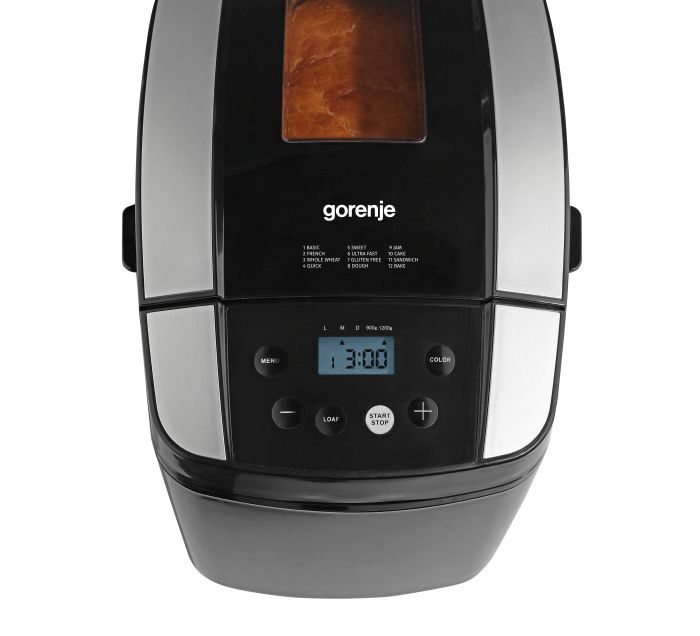 Хлебопечка Gorenje 800Вт, программ-12, макс.вес -1.2кг, форма прямоугольник, пластик, черный