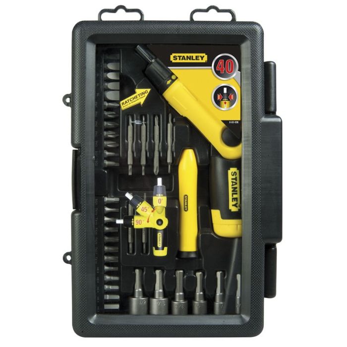 Отвертка Stanley Pistol Grip Ratchet, набор 40 ед., битодержатель реверсный 1/4", прецизионная отвертка, 38 бит, кейс