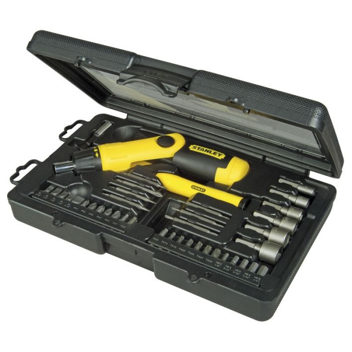 Викрутка Stanley Pistol Grip Ratchet 1/4" бітотримач реверсний, прецизійна викрутка, 38 біт, кейс, набір 40шт