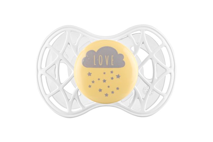 Пустышка Nuvita 7085 Air55 Cool симметрическая 6m+ "LOVE" желто-серая