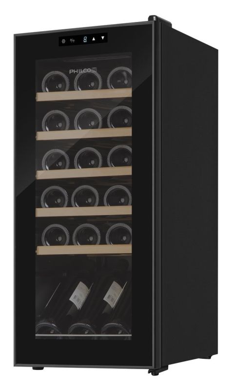 Холодильник Philco для вина, 77x34.5x45, холод.отд.-50л, зон - 1, бут-18, диспл, подсветка, деревянные полки, черный