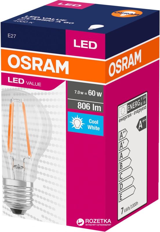 Лампа светодиодная OSRAM LED Filament A60 7W (806Lm) 4000K E27