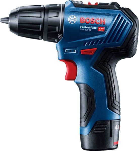 Шуруповерт-дрель аккумуляторный Bosch GSR 12V-30, 12В 2x2.0 Ач, 30Нм, 20+1, 420/1600об/мин, бесщеточный, 0.78кг, кейс