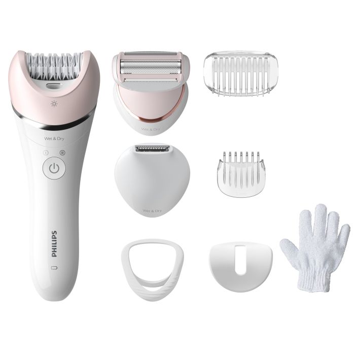 Эпилятор  Philips 8000 series дисковый, аккумуляторный, пинцет.-32, влаж.+сух., с подсветкой, насадок-6, бело-розовый