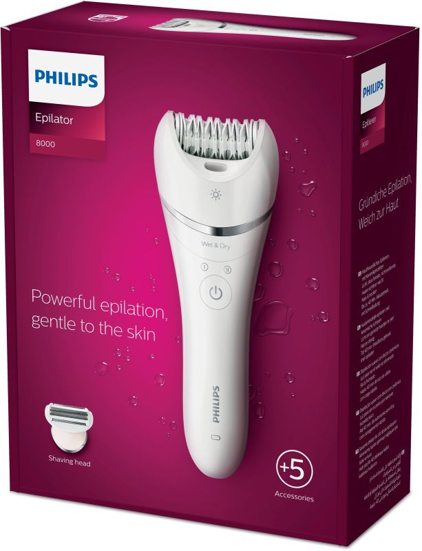 Эпилятор  Philips 8000 series дисковый, аккумуляторный, пинцет.-32, влаж.+сух., с подсветкой, насадок-4, белый