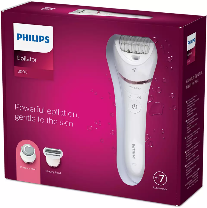 Епілятор Philips Epilator Series 8000 дисковий, акумуляторний , пінцет.-32, волог.+сух., насадок-5, біло-рожевий
