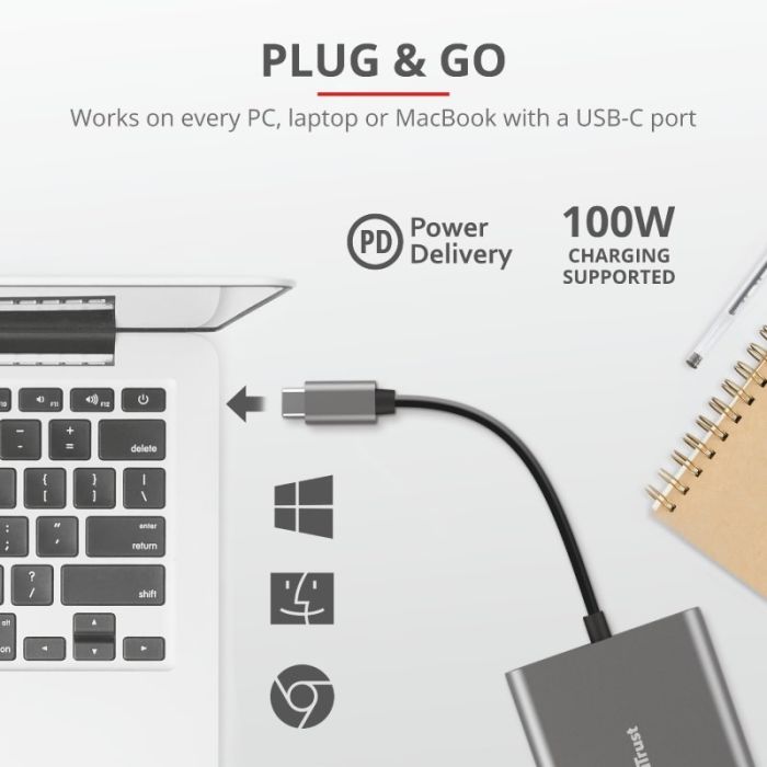 Хаб Trust Dalyx 3-in-1 USB-С > USB-А 3.2/USB-С/HDMI, Алюміній, 0.1м, чорний