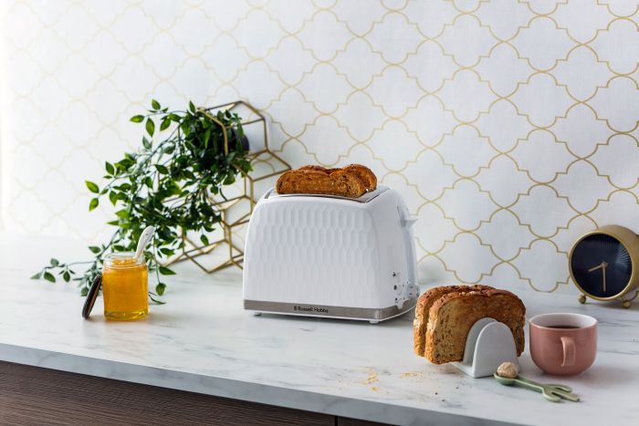 Тостер Russell Hobbs Honeycomb 850Вт, широкие слоты, пластик, белый