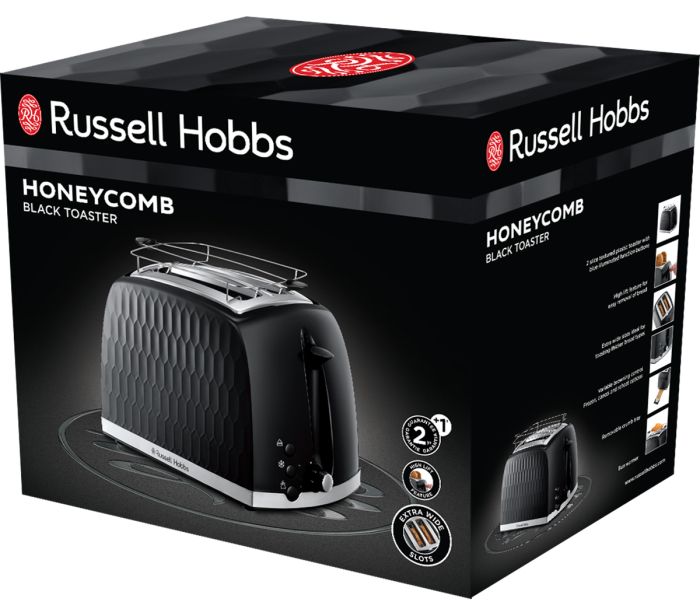 Тостер Russell Hobbs Honeycomb 850Вт, широкі слоти, пластик, чорний