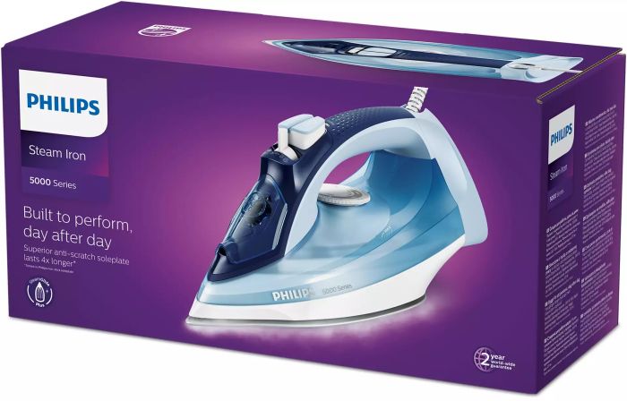 Праска Philips 5000 Series, 2400Вт, 320мл, паровий удар -180гр, постійна пара - 45гр, керам. підошва, голубий