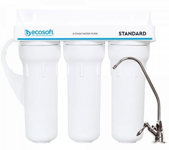 Фільтр проточний тристадійний Ecosoft Standard, покращений комплект картриджів з Ecomix, кран капля