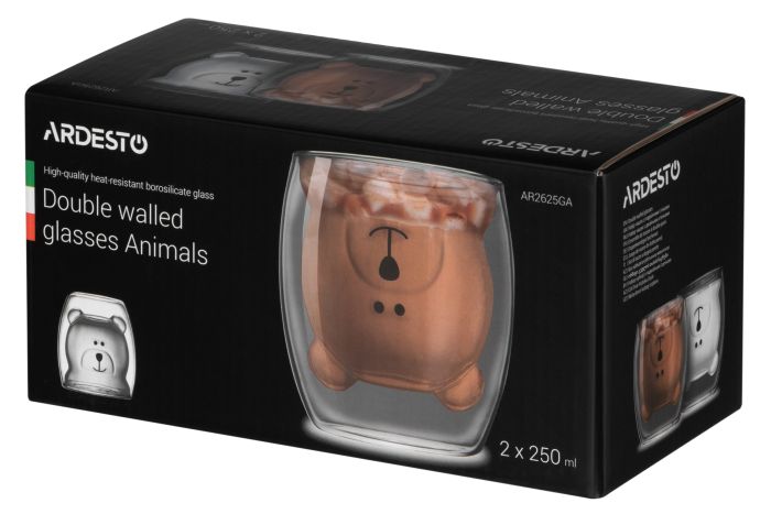 Набір чашок з подвійними стінками Ardesto Animals, 250мл, 2шт, боросилікатне скло, прозорий