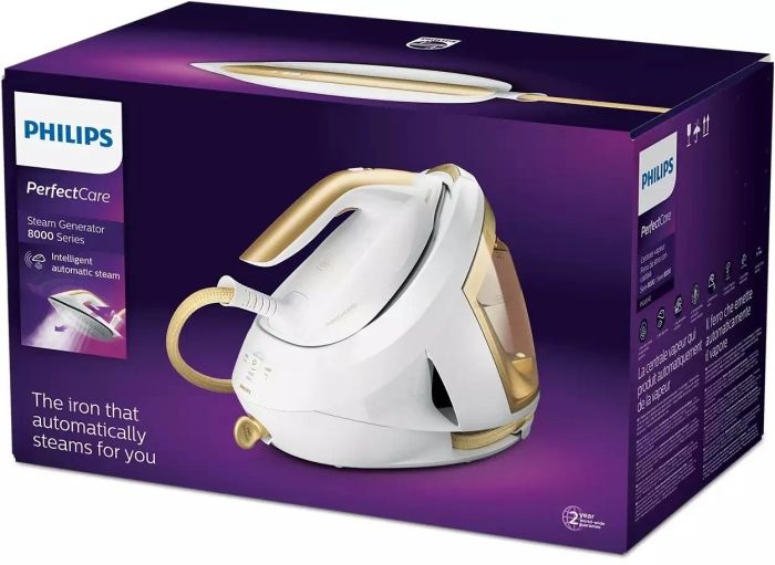 Утюг-парогенератор Philips PerfectCare 8000 Series, 2700Вт, 1800мл, паровой удар -600гр, постоянный пар - 170гр, нерж. сталь, бело-золотой