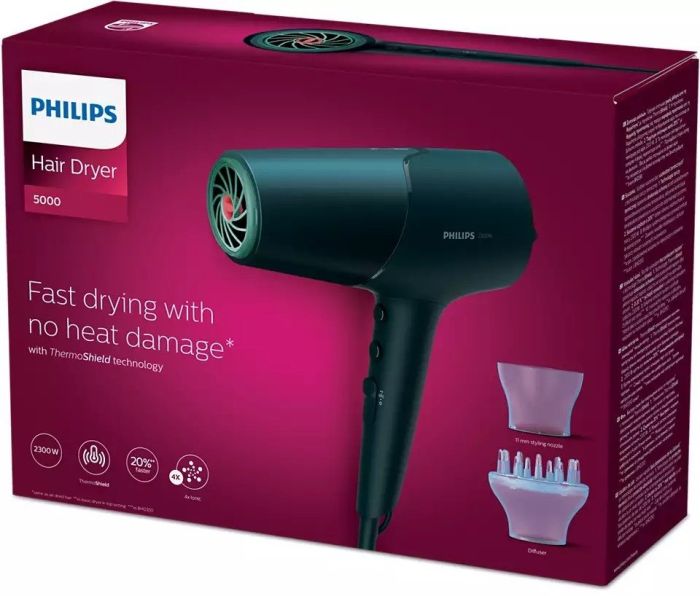 Фен Philips 5000 Series, 2300Вт, 3 режими, дифузор, іоніз-я, хол. обдув, темно-синій