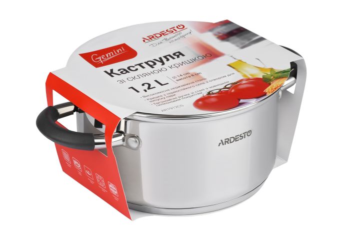 Каструля зі скляною кришкою Ardesto Gemini Salerno, 1.2л, нержавіюча сталь, силікон