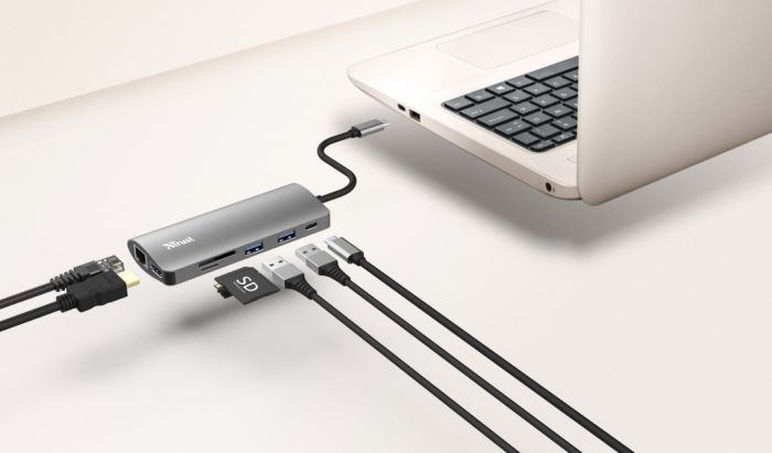 Хаб Trust Dalyx 7-IN-1 USB-С > 2xUSB-А 3.2/USB-С/HDMI/Ehernet/SD/microSD, Алюміній, 0.25м, Сірий