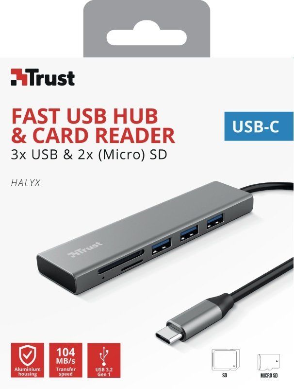 Хаб Trust Halyx USB-С > 3xUSB-А 3.2/SD/microSD, Алюміній, 0.15м, Сірий