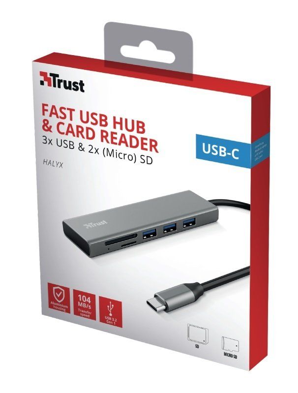 Хаб Trust Halyx USB-С > 3xUSB-А 3.2/SD/microSD, Алюміній, 0.15м, Сірий