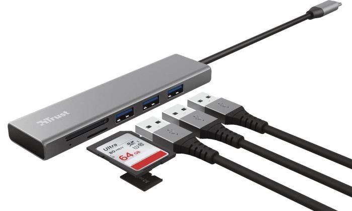 Хаб Trust Halyx USB-С > 3xUSB-А 3.2/SD/microSD, Алюміній, 0.15м, Сірий