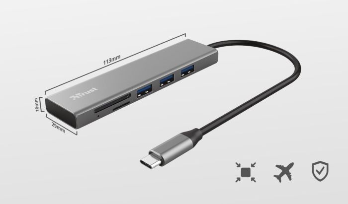 Хаб Trust Halyx USB-С > 3xUSB-А 3.2/SD/microSD, Алюміній, 0.15м, Сірий