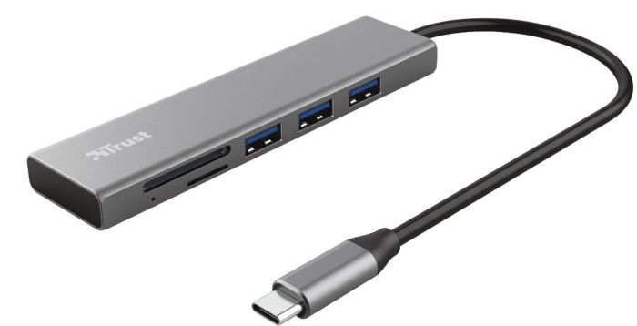Хаб Trust Halyx USB-С > 3xUSB-А 3.2/SD/microSD, Алюміній, 0.15м, Сірий