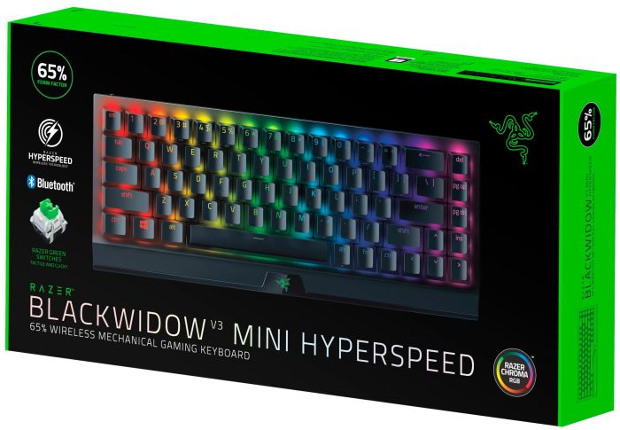 Клавиатура механическая Razer BlackWidow V3 Mini HyperSpeed 68key, Green Switch, USB-A/WL/BT, EN/RU, RGB, чёрный