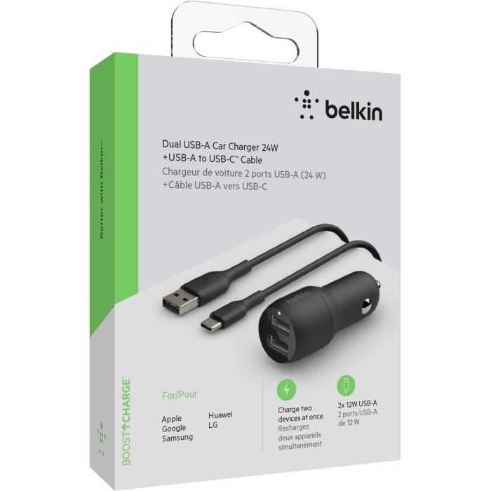 Зарядний пристрій автомобільний Belkin 24Вт 2хUSB-A, кабель USB-A > USB-C, 1м, чорний