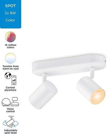Светильник точечный накладной умный WiZ IMAGEO Spots, 2х5W, 2200-6500K, RGB, Wi-Fi, белый