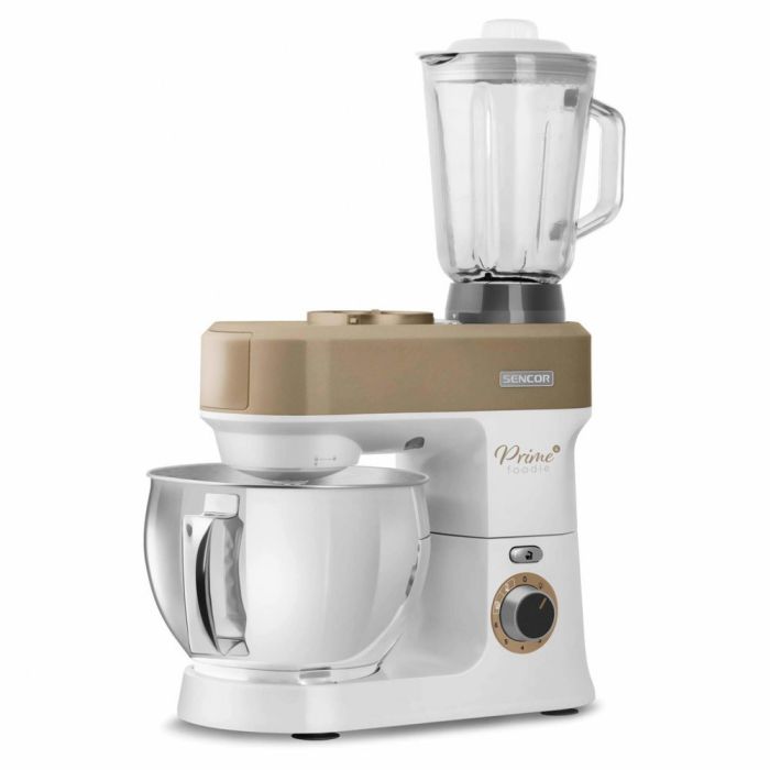 Кухонная машина Sencor 1200Вт, чаша-металл, корпус-пластик, насадок-19, подсветка, коричнево-белый