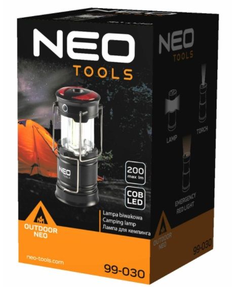Ліхтар кемпінговий на батарейках Neo Tools, ААх3, 200лм, 3Вт, 3 функції освітлення, 3 магніти в підставці, червоне сигнальне світло