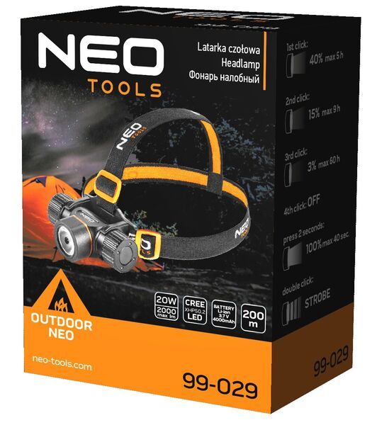 Фонарь налобный аккумулятор/батарейки Neo Tools, 4000мА•ч або ААх3, 2000лм, 20Вт, 5 функций освещения, IPX4