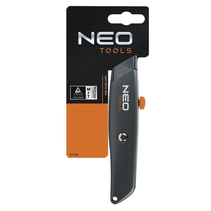 Нож Neo Tools, трапециевидное лезвие 18мм, корпус металлический, 155мм